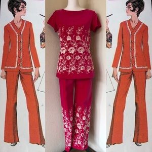 ‘60s Mod 🌸Hot Pink🌸 Velour Embroidered Pant Suit